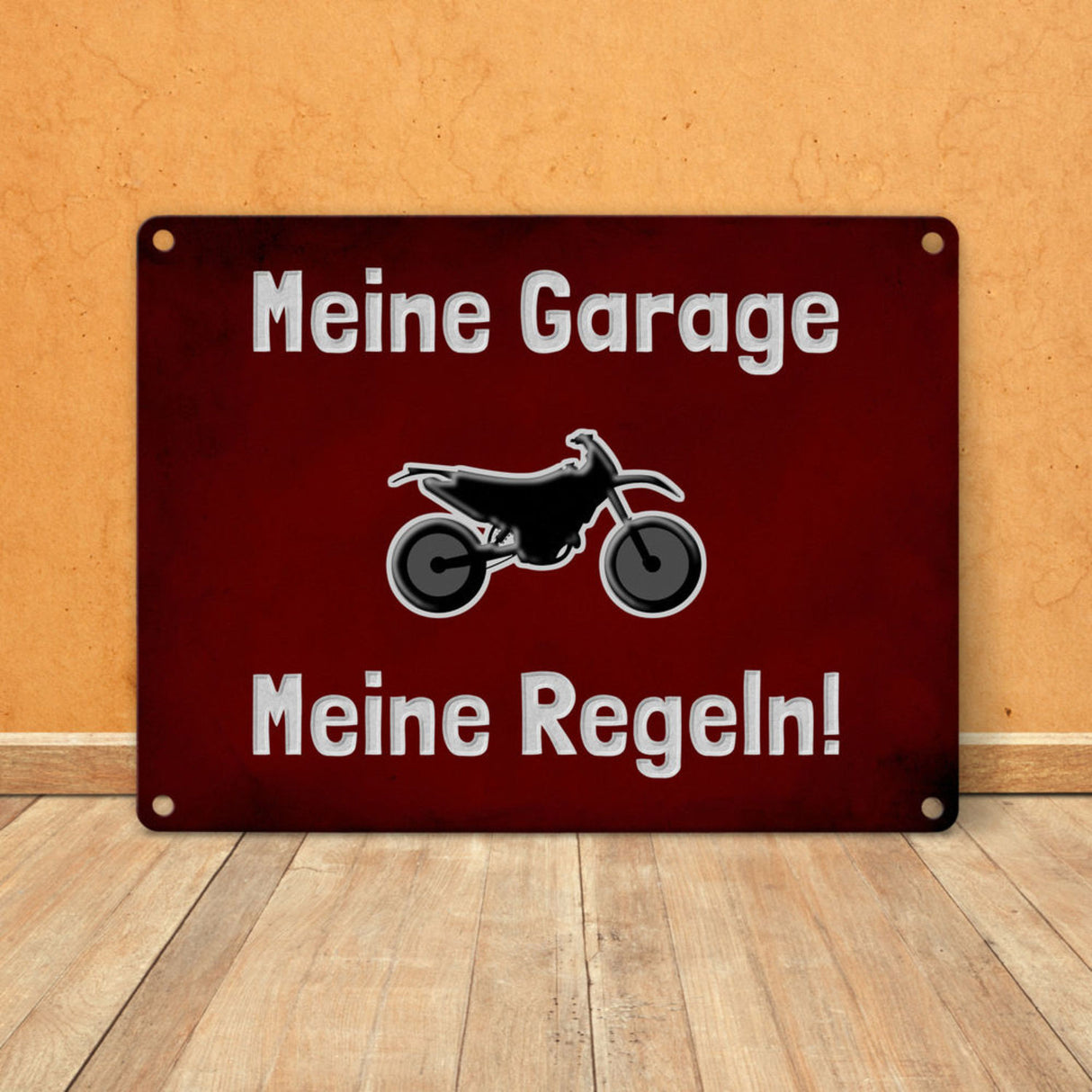 Meine Garage Meine Regeln! Metallschild in 15x20 cm mit Auto und rotem Hintergrund