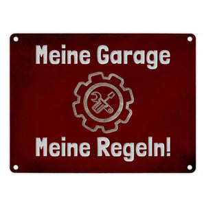 Meine Garage Meine Regeln! Metallschild in 15x20 cm mit Auto und rotem Hintergrund