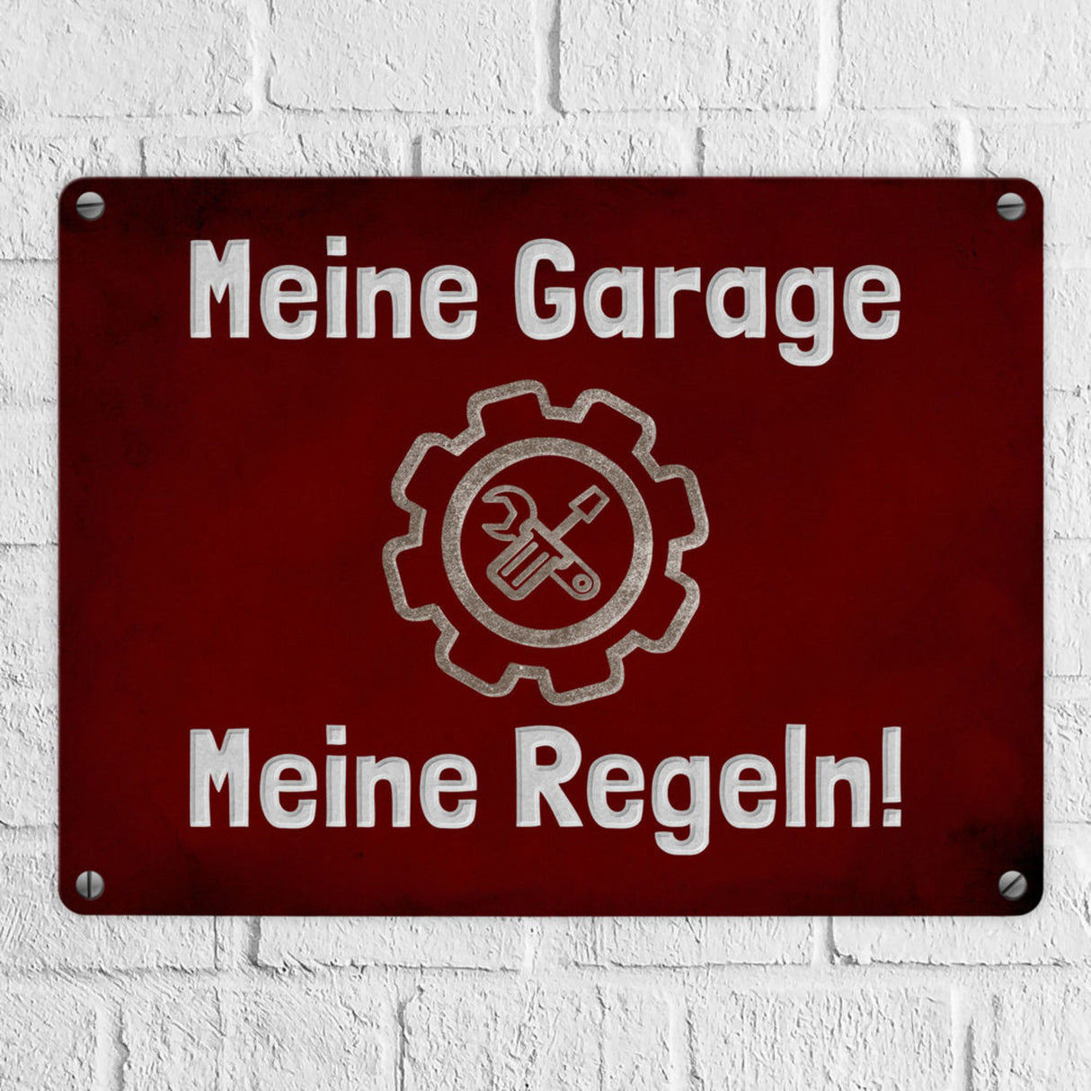 Meine Garage Meine Regeln! Metallschild in 15x20 cm mit Auto und rotem Hintergrund
