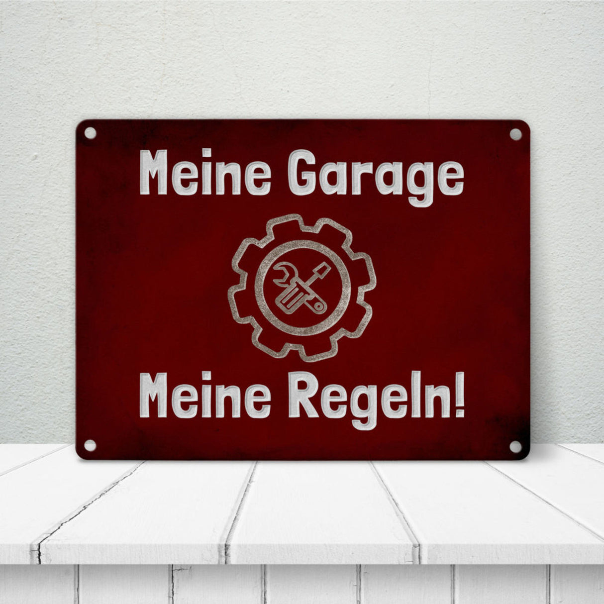 Meine Garage Meine Regeln! Metallschild in 15x20 cm mit Auto und rotem Hintergrund