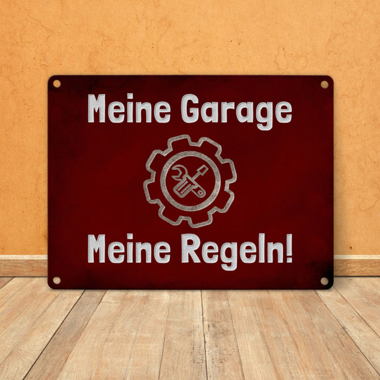 Meine Garage Meine Regeln! Metallschild in 15x20 cm mit Auto und rotem Hintergrund