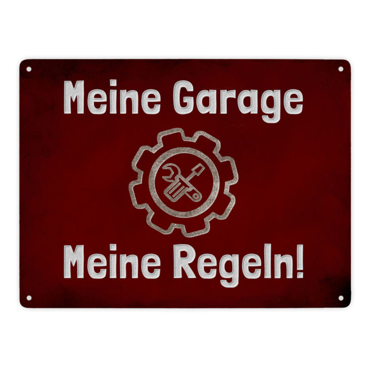 Meine Garage Meine Regeln! Metallschild in 15x20 cm mit Auto und rotem Hintergrund