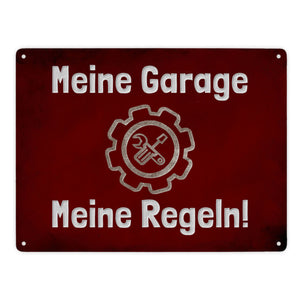 Meine Garage Meine Regeln! Metallschild in 15x20 cm mit Auto und rotem Hintergrund