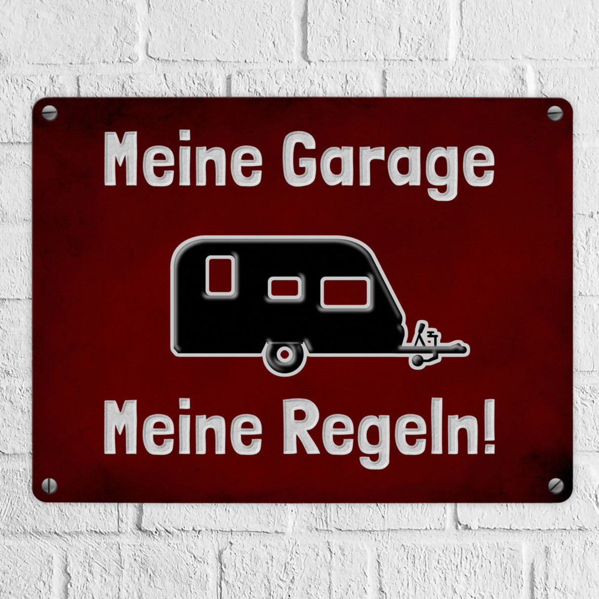Meine Garage Meine Regeln! Metallschild in 15x20 cm mit Auto und rotem Hintergrund