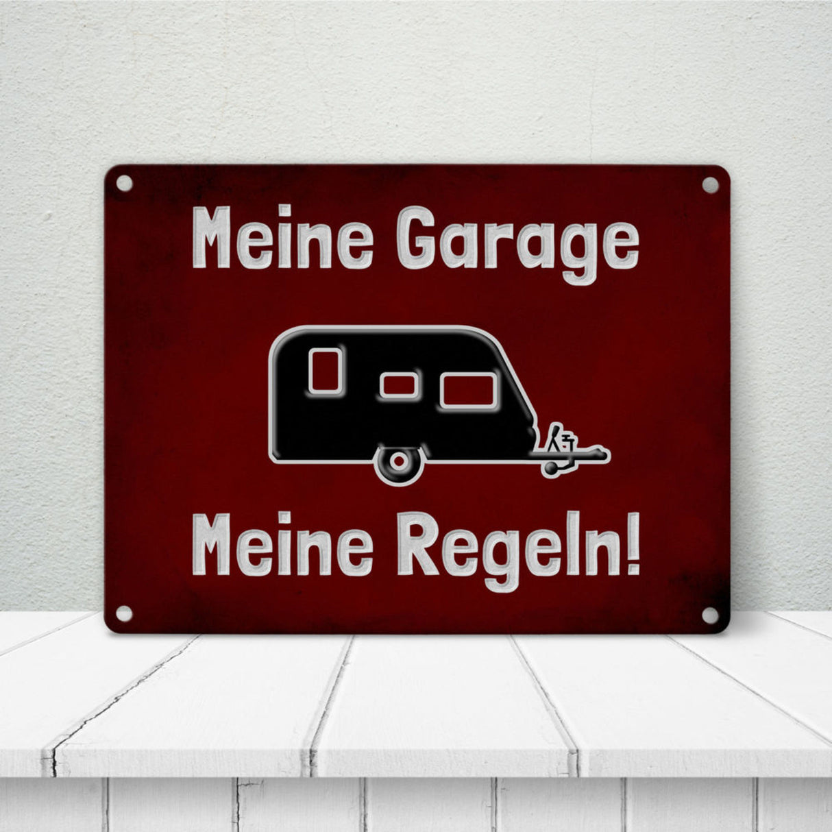 Meine Garage Meine Regeln! Metallschild in 15x20 cm mit Auto und rotem Hintergrund