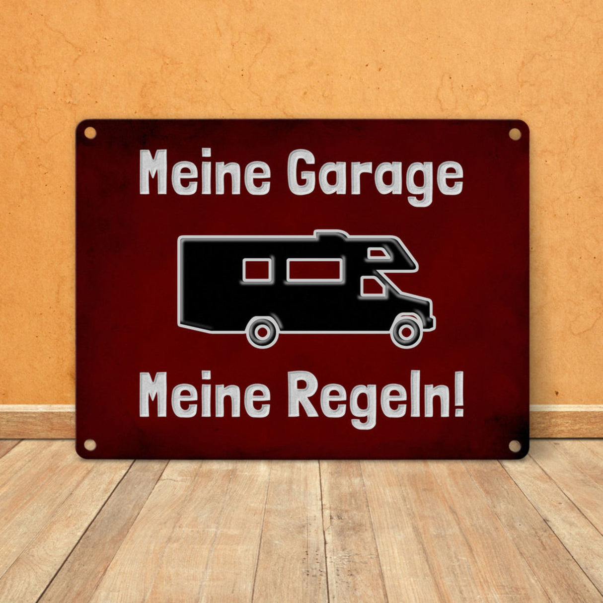 Meine Garage Meine Regeln! Metallschild in 15x20 cm mit Auto und rotem Hintergrund