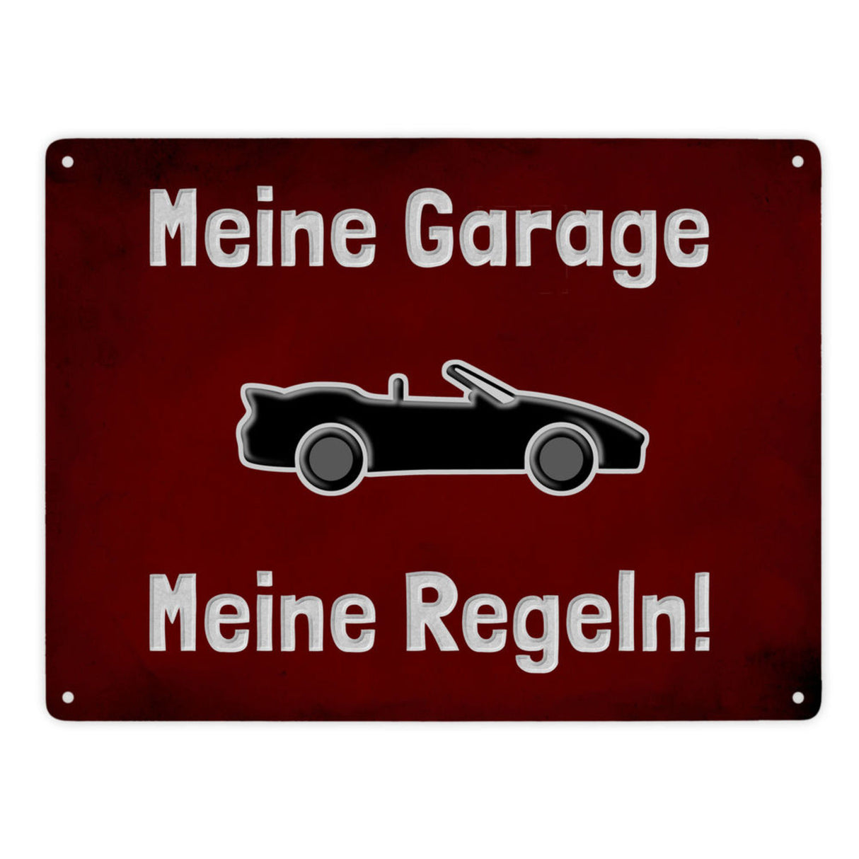 Meine Garage Meine Regeln! Metallschild in 15x20 cm mit Auto und rotem Hintergrund