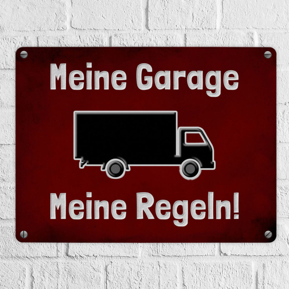 Meine Garage Meine Regeln! Metallschild in 15x20 cm mit Auto und rotem Hintergrund