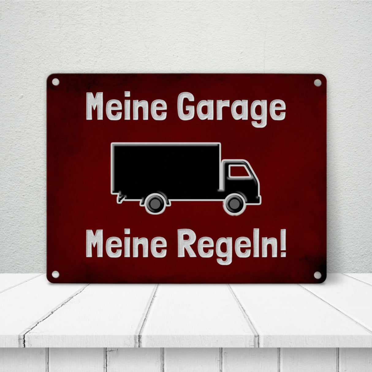 Meine Garage Meine Regeln! Metallschild in 15x20 cm mit Auto und rotem Hintergrund