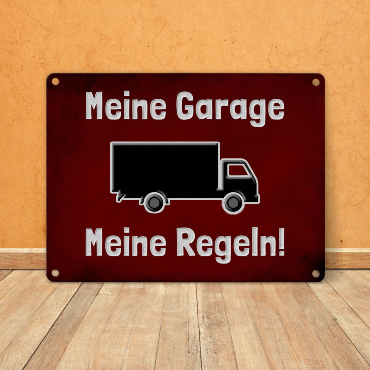 Meine Garage Meine Regeln! Metallschild in 15x20 cm mit Auto und rotem Hintergrund