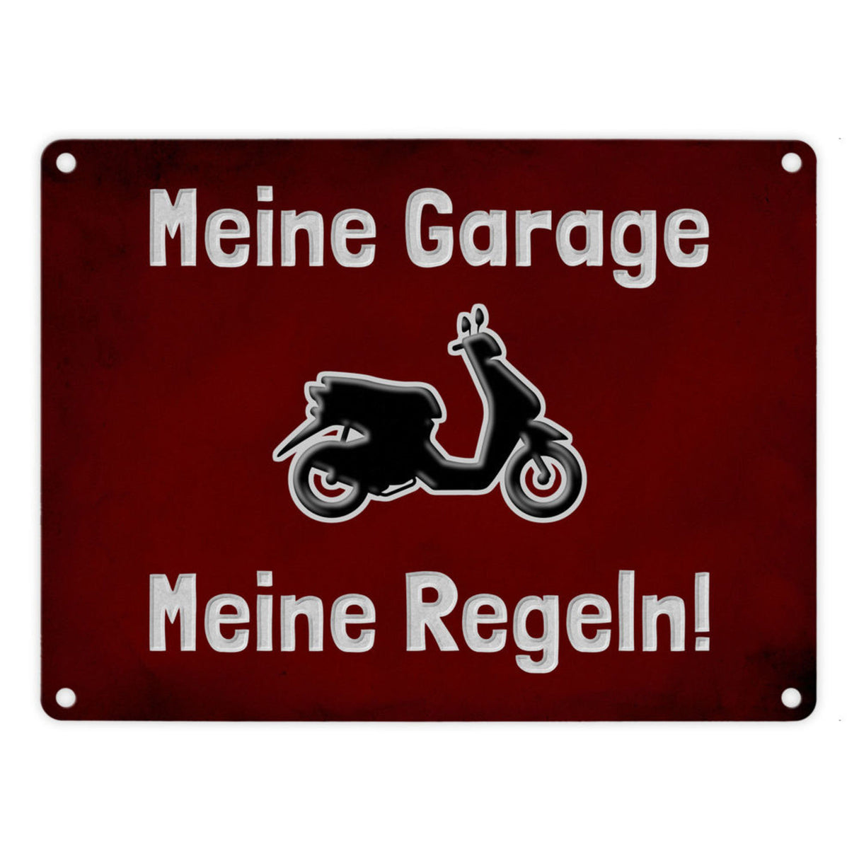 Meine Garage Meine Regeln! Metallschild in 15x20 cm mit Auto und rotem Hintergrund