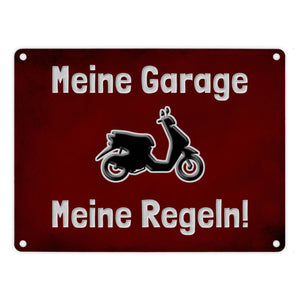 Meine Garage Meine Regeln! Metallschild in 15x20 cm mit Auto und rotem Hintergrund