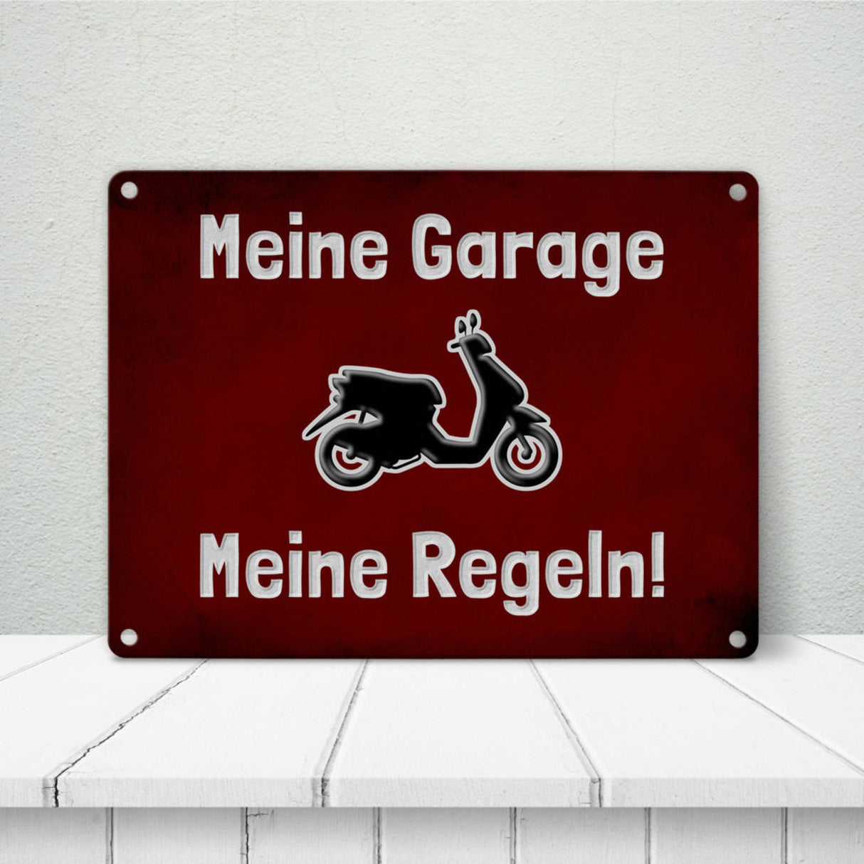 Meine Garage Meine Regeln! Metallschild in 15x20 cm mit Auto und rotem Hintergrund