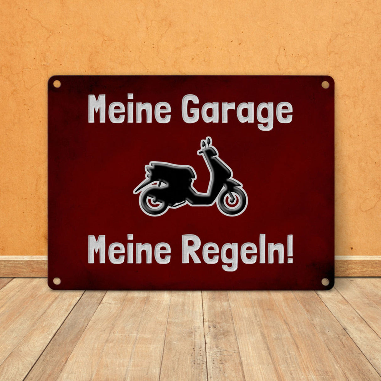 Meine Garage Meine Regeln! Metallschild in 15x20 cm mit Auto und rotem Hintergrund
