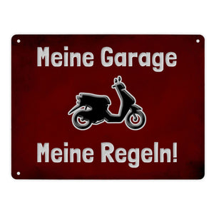 Meine Garage Meine Regeln! Metallschild in 15x20 cm mit Auto und rotem Hintergrund