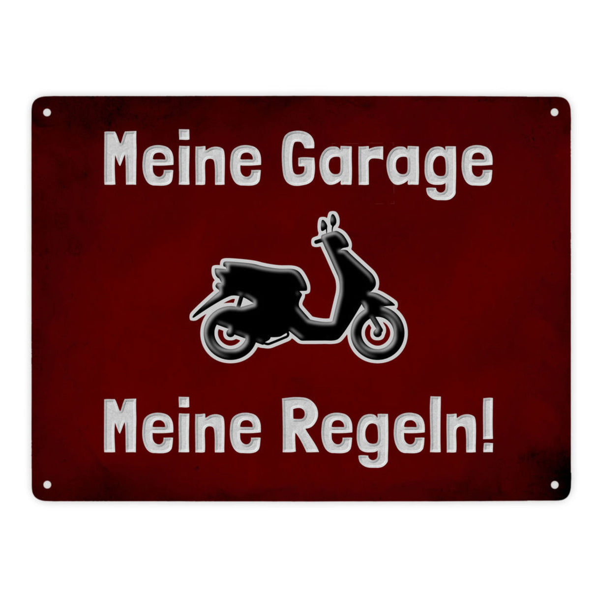 Meine Garage Meine Regeln! Metallschild in 15x20 cm mit Auto und rotem Hintergrund