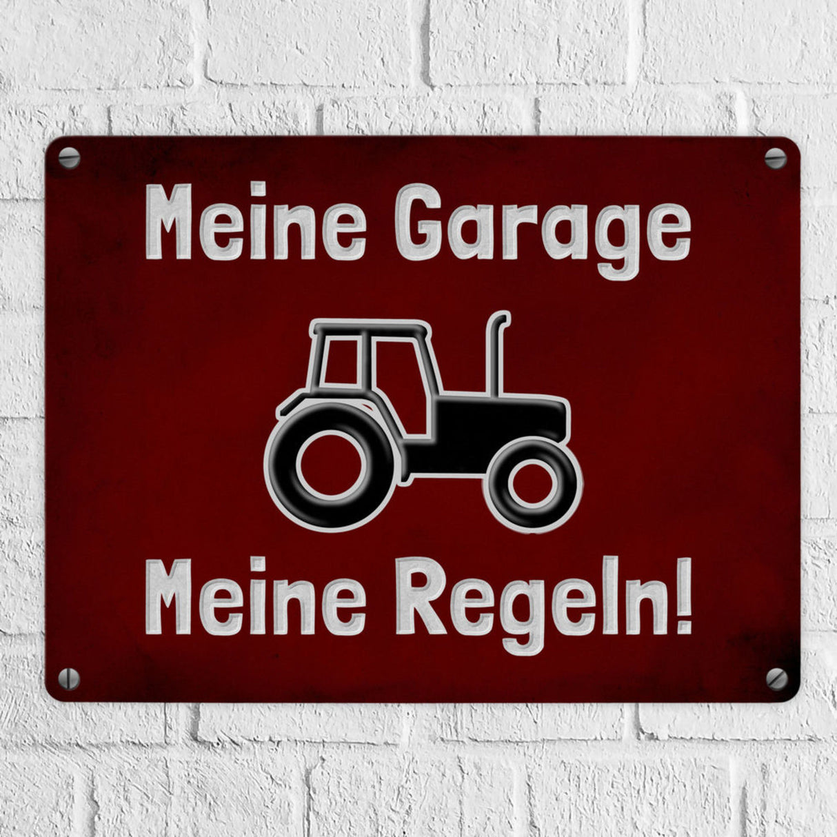 Meine Garage Meine Regeln! Metallschild in 15x20 cm mit Auto und rotem Hintergrund