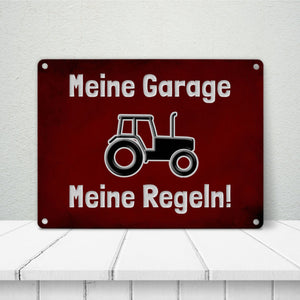 Meine Garage Meine Regeln! Metallschild in 15x20 cm mit Auto und rotem Hintergrund
