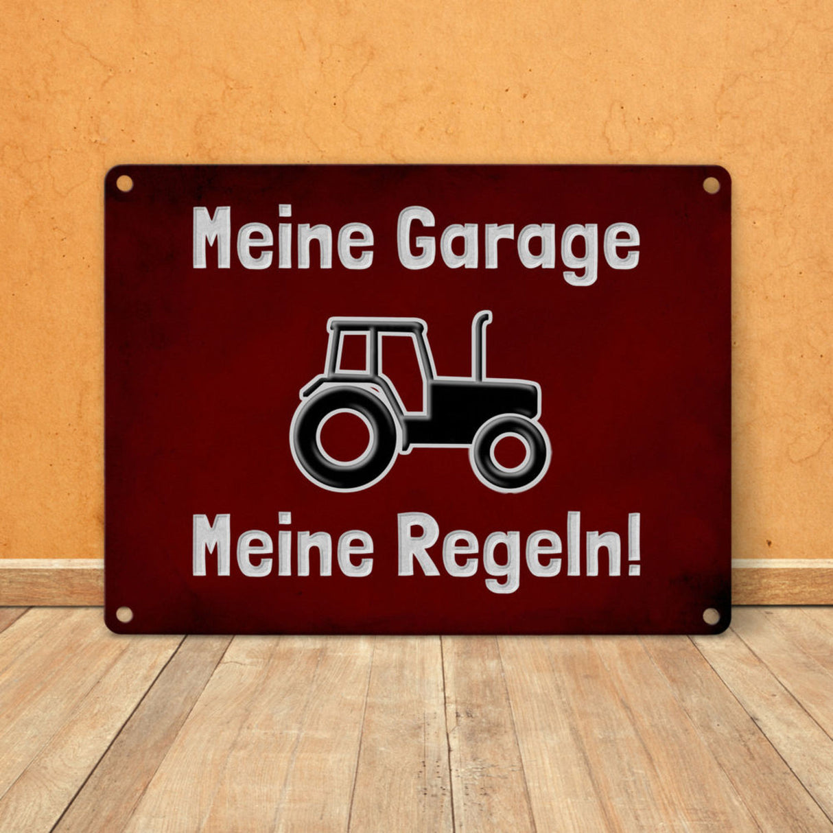 Meine Garage Meine Regeln! Metallschild in 15x20 cm mit Auto und rotem Hintergrund