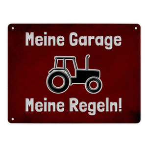Meine Garage Meine Regeln! Metallschild in 15x20 cm mit Auto und rotem Hintergrund