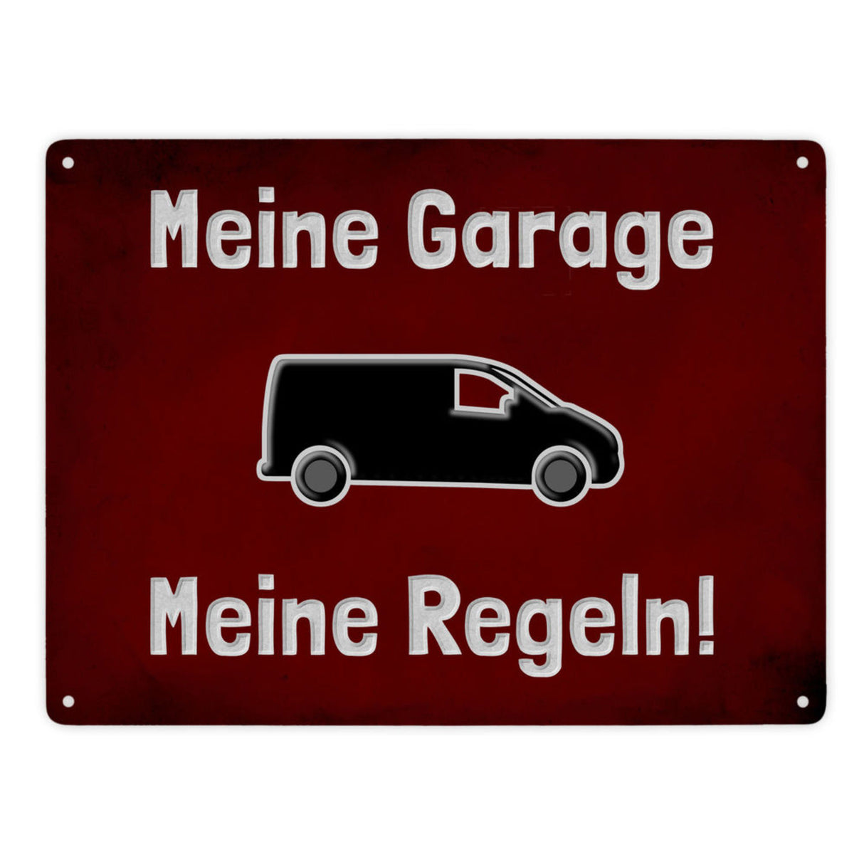 Meine Garage Meine Regeln! Metallschild in 15x20 cm mit Auto und rotem Hintergrund