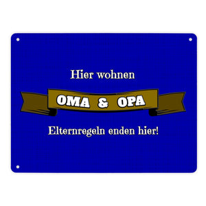 Metallschild in 15x20 cm Hier wohnen Oma & Opa mit Stoffoptik und Banner