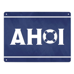Metallschild Ahoi - mit Maritim Rettungsring Motiv