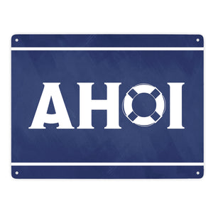 Metallschild Ahoi - mit Maritim Rettungsring Motiv