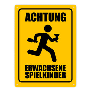 Metallschild mit Warnmännchen - Achtung erwachsene Spielkinder