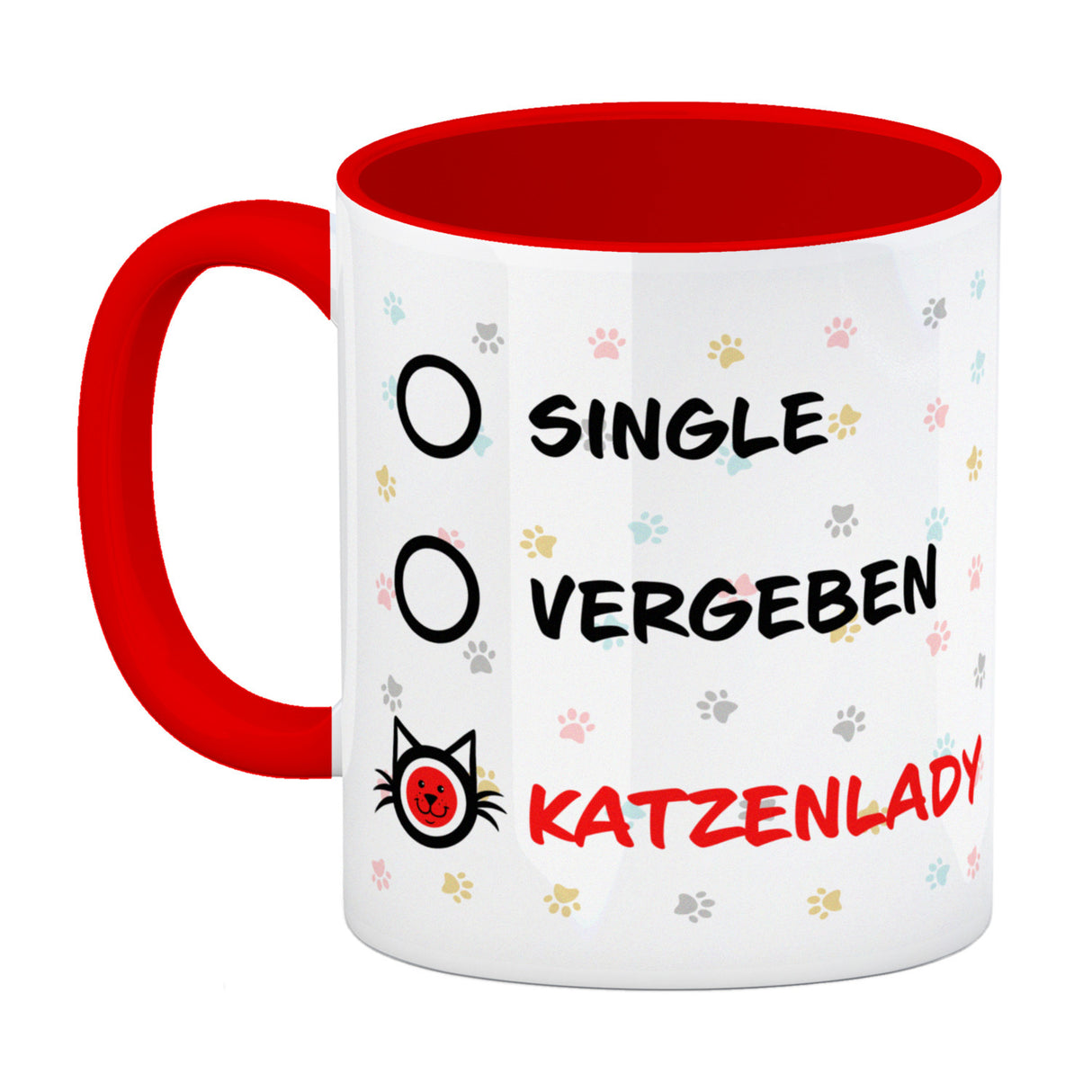 Kaffeebecher mit Motiv - Katzenlady Single Vergeben zum Ankreuzen