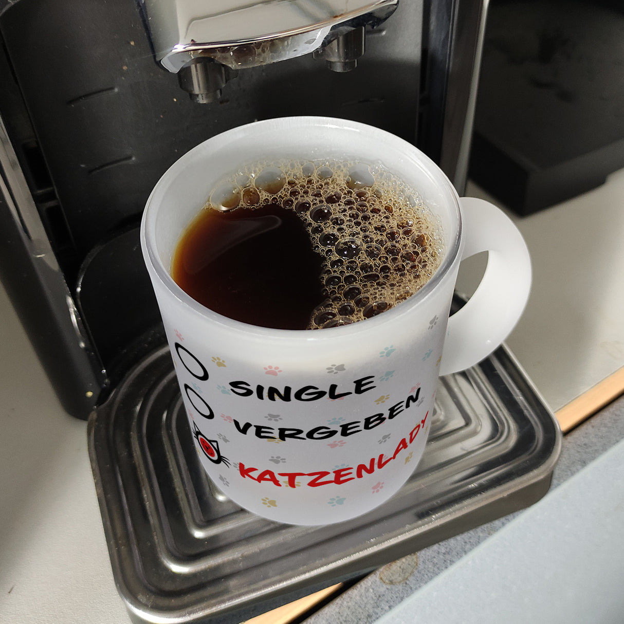 Kaffeebecher mit Motiv - Katzenlady Single Vergeben zum Ankreuzen