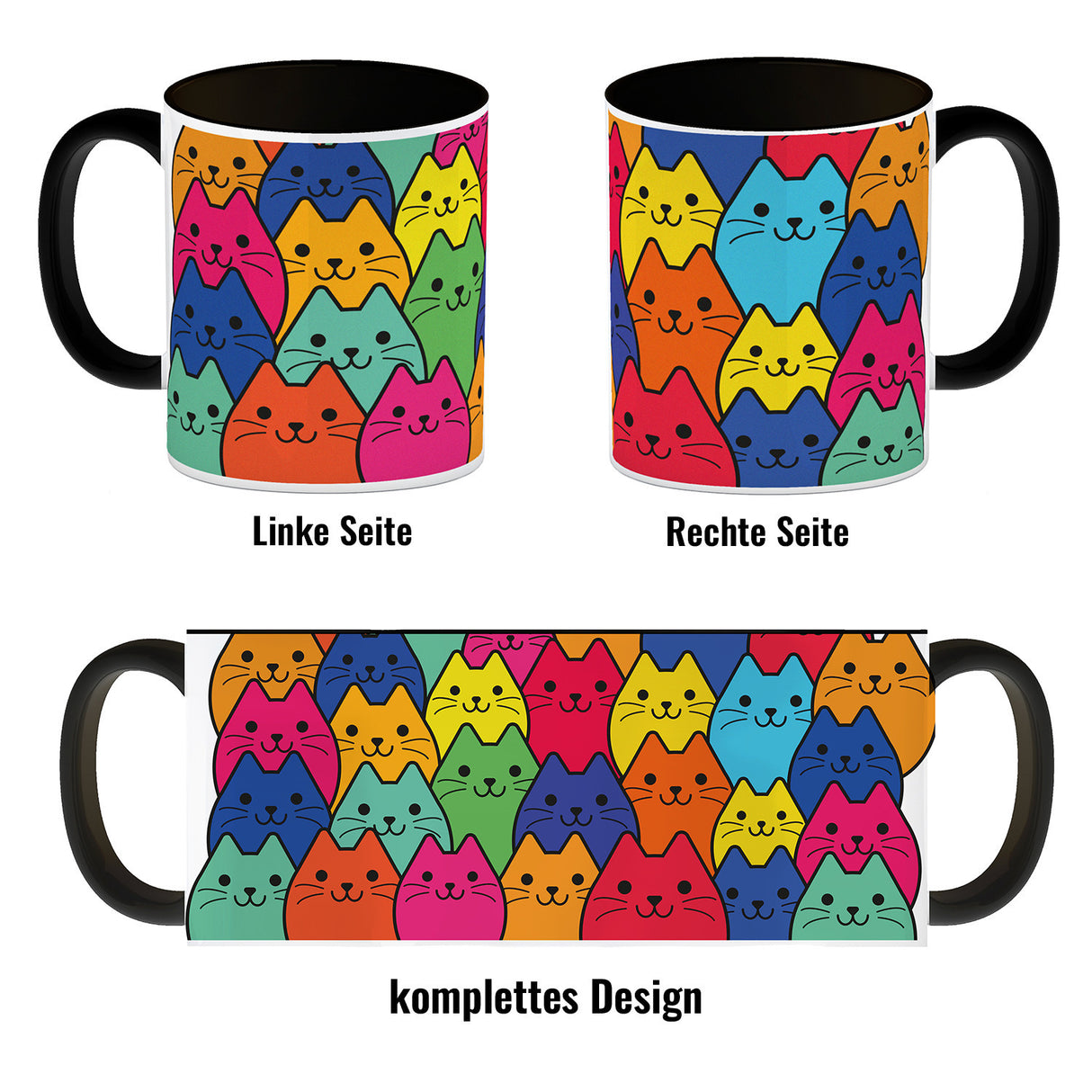 Kaffeebecher mit Katzen Motiv - Buntes Wimmelbild mit Comic Kätzchen