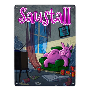 Metallschild mit Motiv - Saustall und Motiv: dickes Schwein liegt auf Couch