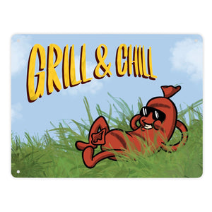 Metallschild Sommer Motiv - Bratwurst am Sonnenbaden mit Spruch Grill & Chill