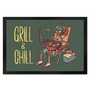 Fußmatte mit Grillmeister Motiv - Retro Grillroboter mit Spruch: Grill & Chill