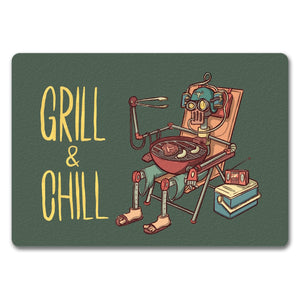 Fußmatte mit Grillmeister Motiv - Retro Grillroboter mit Spruch: Grill & Chill