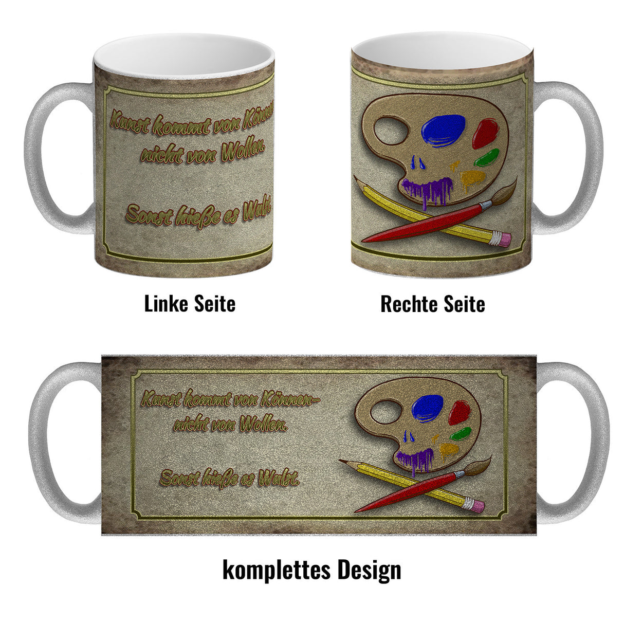 Kaffeebecher mit Motiv und Spruch - Kunst kommt von Können nicht von Wollen