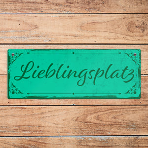Metallschild mit schönem Design - Lieblingsplatz im rustikalen Stil in Braun