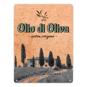Metallschild in 15x20 cm mit mediterranem Olivenölmotiv Olio di Oliva für die Küche