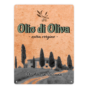 Metallschild in 15x20 cm mit mediterranem Olivenölmotiv Olio di Oliva für die Küche