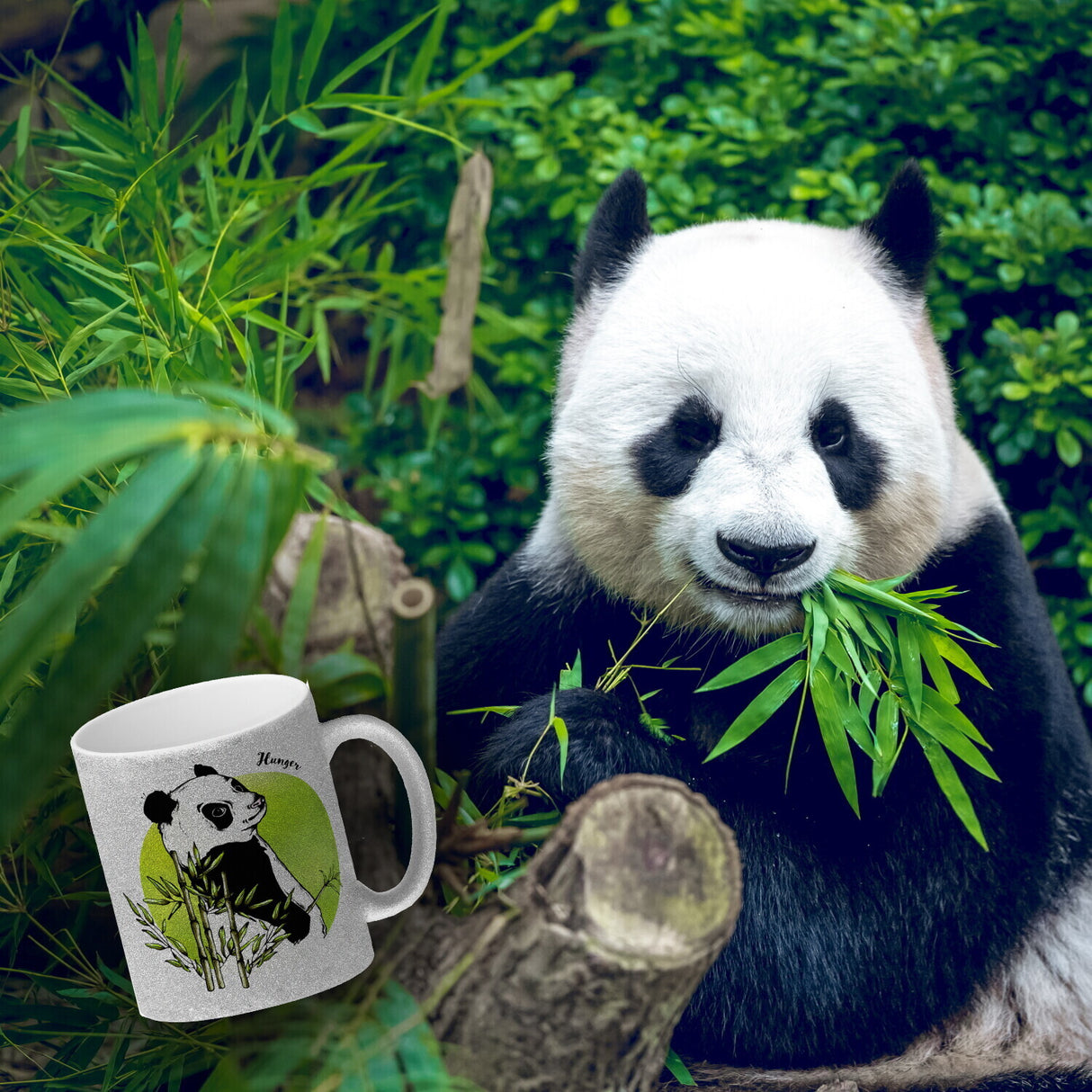 Panda mit Bambus Kaffeebecher und grün