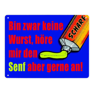Bin zwar keine Wurst Metallschild im Comicstil mit Senf Motiv und Spruch