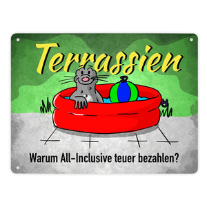 Terrassien Metallschild mit Seeleopard auf der Terrasse