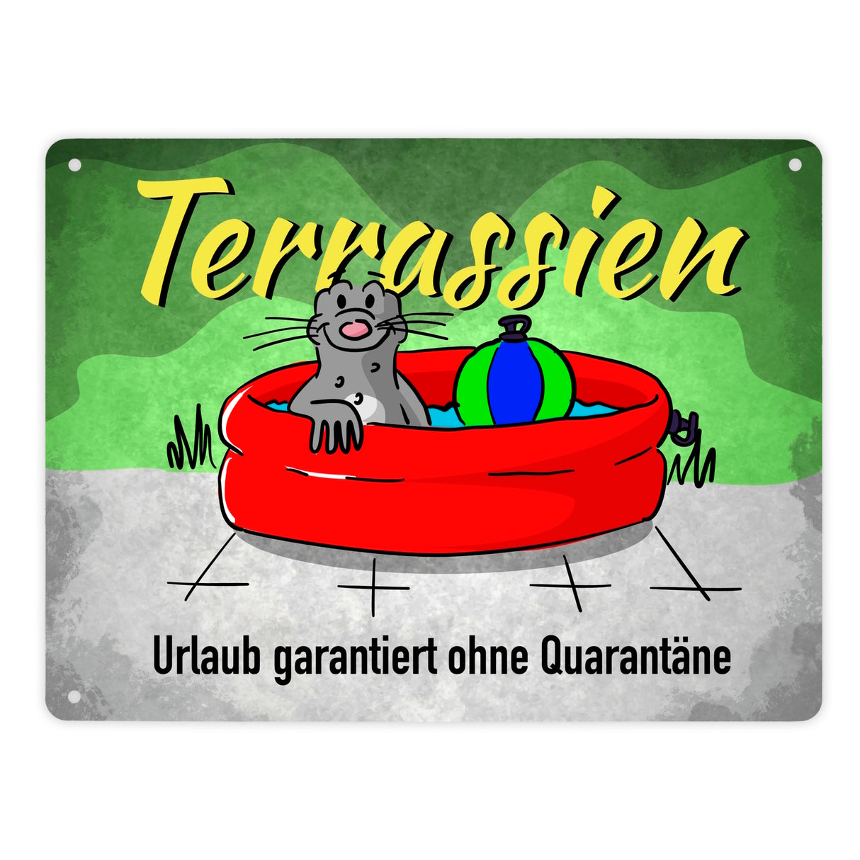 Terrassien Metallschild mit Seeleopard auf der Terrasse