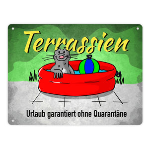 Terrassien Metallschild mit Seeleopard auf der Terrasse