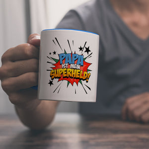 Kaffeetasse mit knalligem Comic Motiv und Spruch - Papa ist mein Superheld