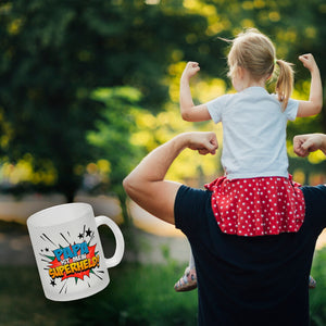 Kaffeetasse mit knalligem Comic Motiv und Spruch - Papa ist mein Superheld