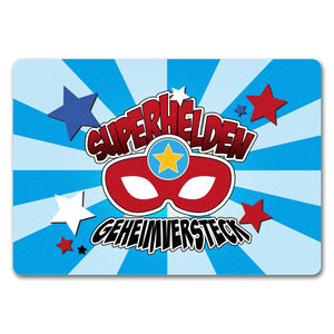 Superhelden Geheimversteck Fußmatte im Comicdesign mit Superhelden Maske