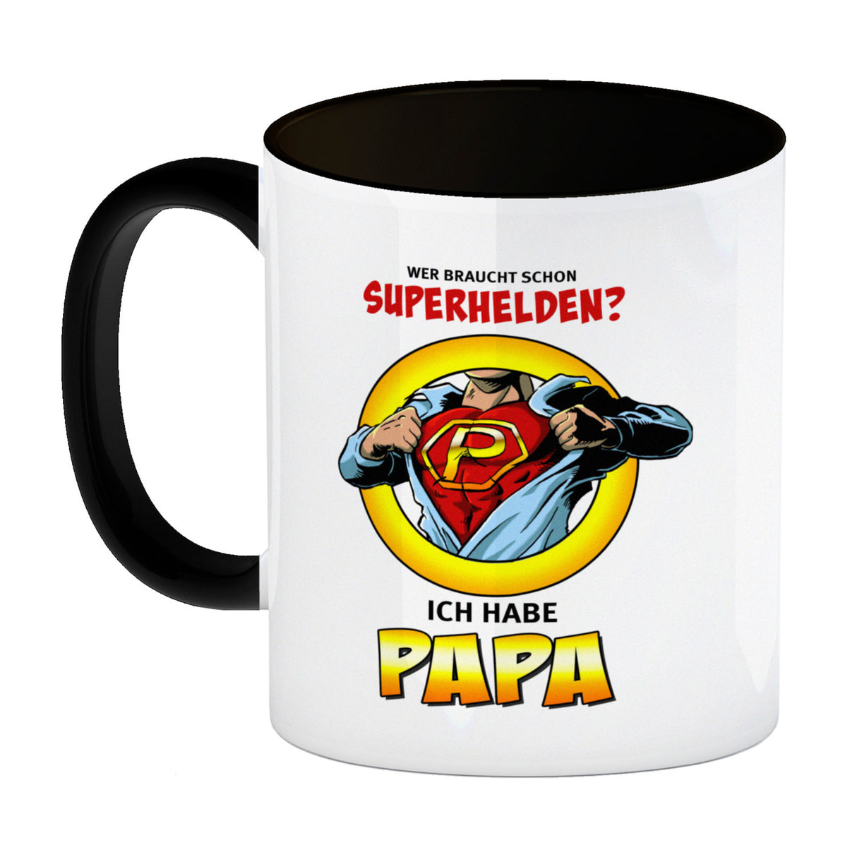 Kaffeebecher Comic mit Spruch - Wer braucht schon Superhelden? Ich habe Papa