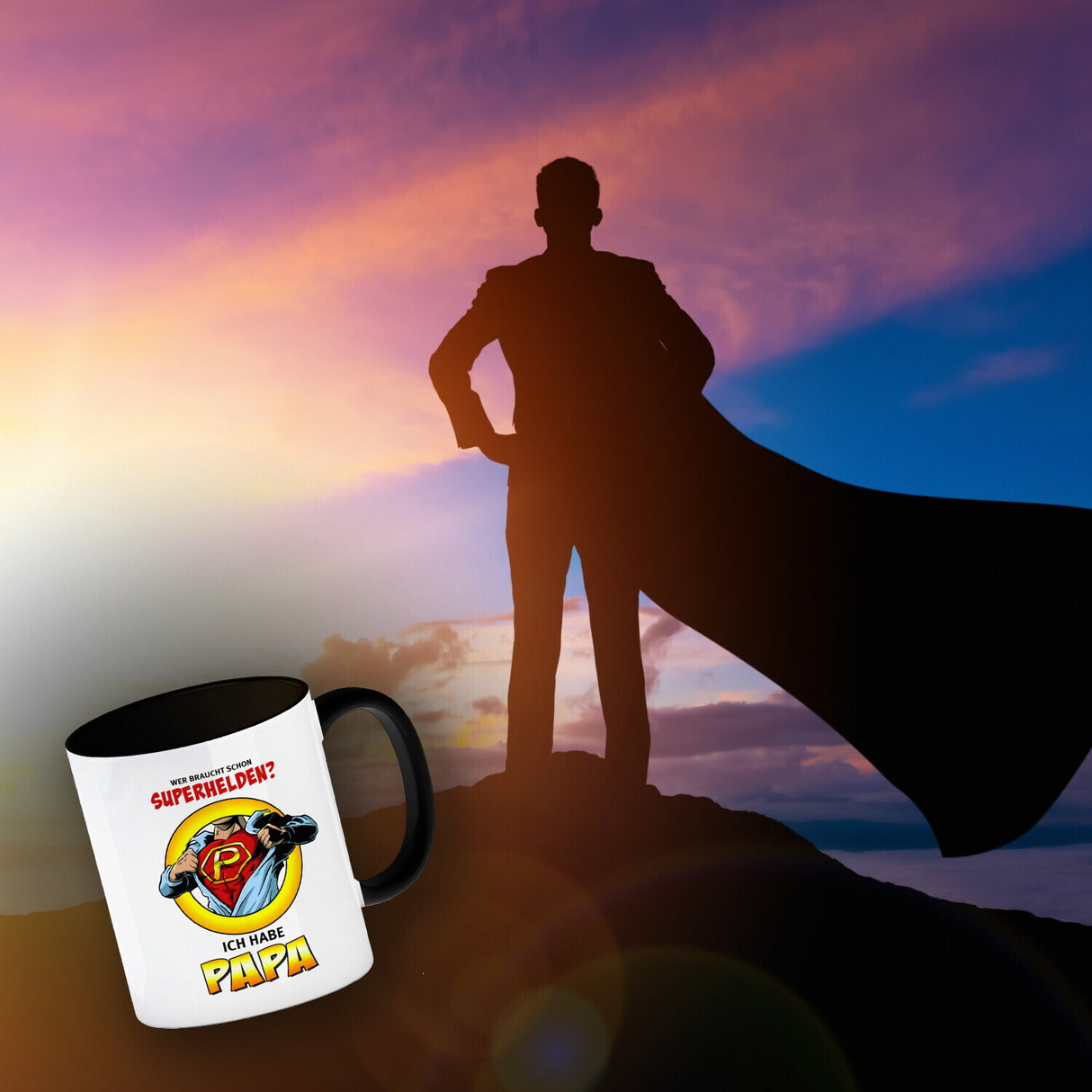 Kaffeebecher Comic mit Spruch - Wer braucht schon Superhelden? Ich habe Papa